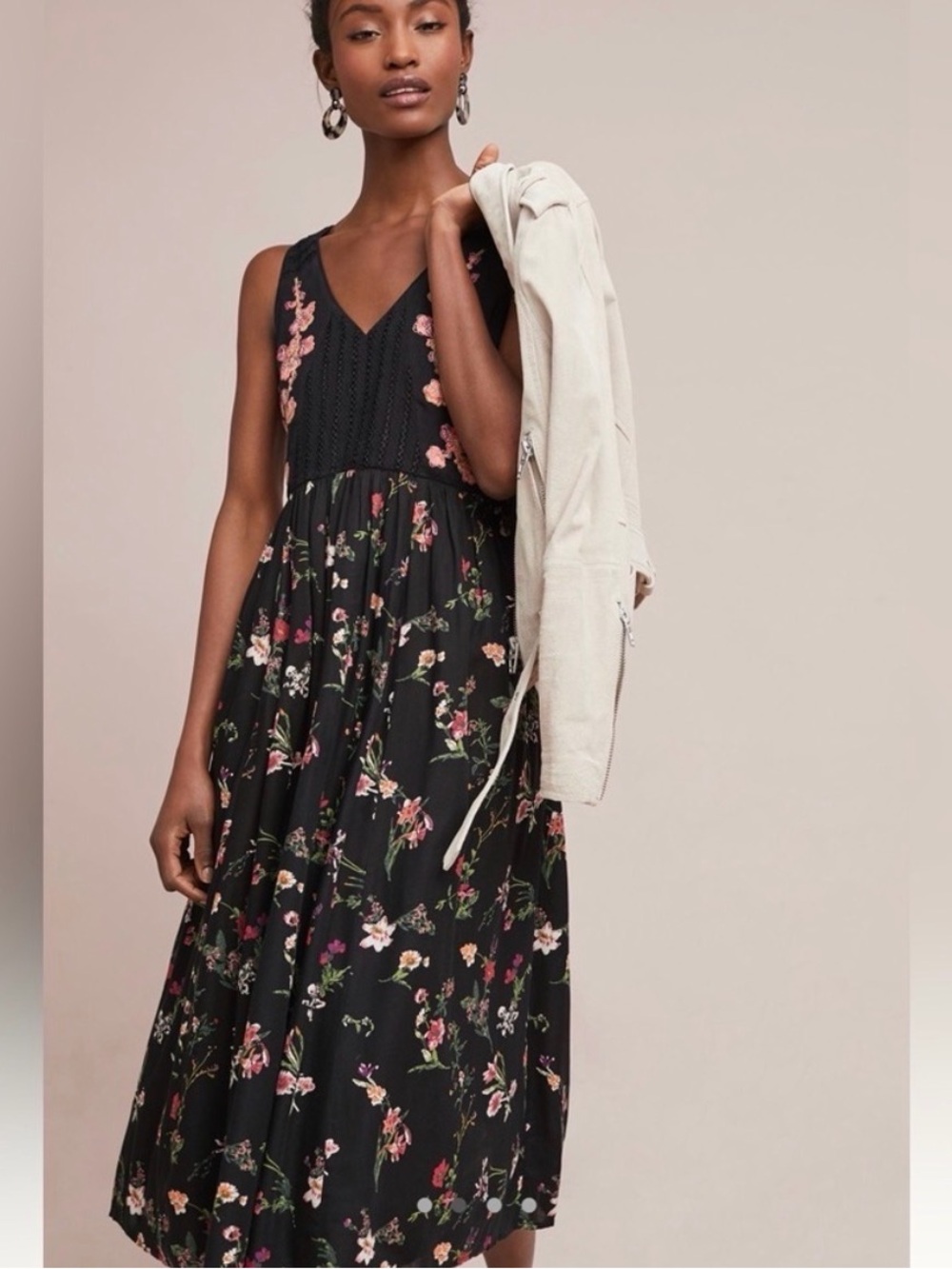 Anthropologie Maeve Lola Embroidered Floral V-Neck Midi Dress